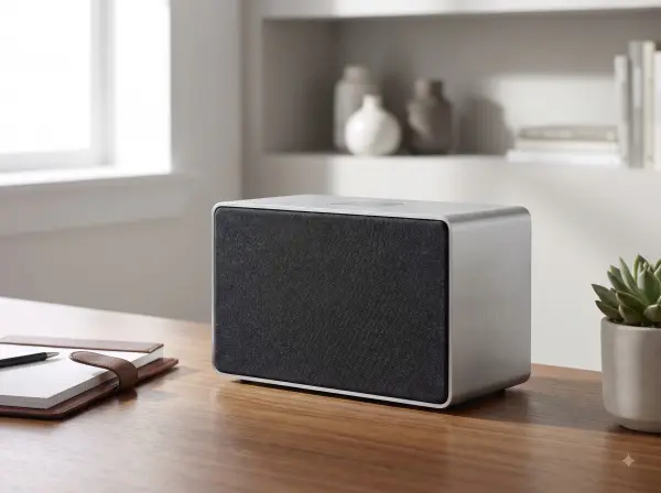 Silver and black rectangular smart speaker on a wooden desk with a notebook and small potted succulent.