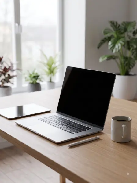 Open silver laptop with blank screen next to a tablet, stylus, and coffee mug on a wooden desk near a window.