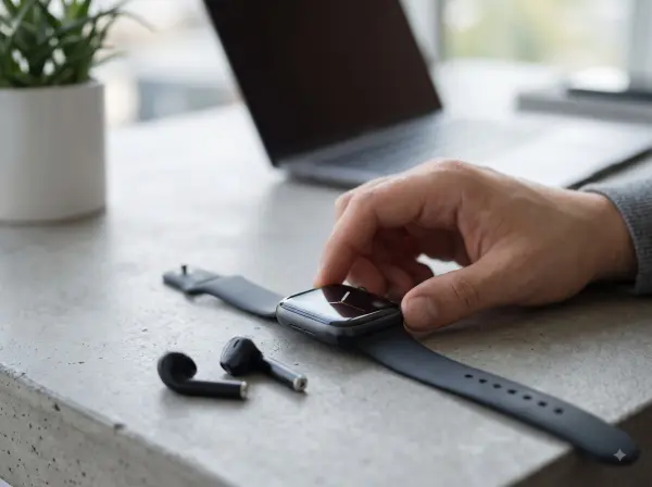 Close up of a man's hand touching a smartwatch screen next to black wireless earbuds on a concrete desk.