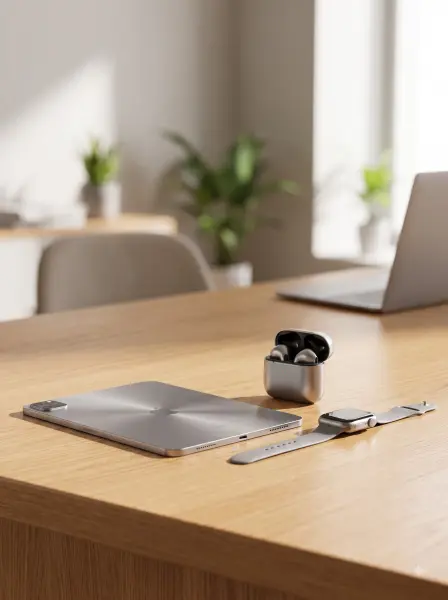 Silver tablet, smartwatch, and open wireless earbuds case on a light wooden desk.