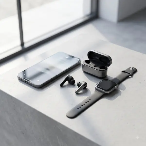 Dark smartphone, wireless earbuds in charging case, and a black smartwatch on a concrete desk.