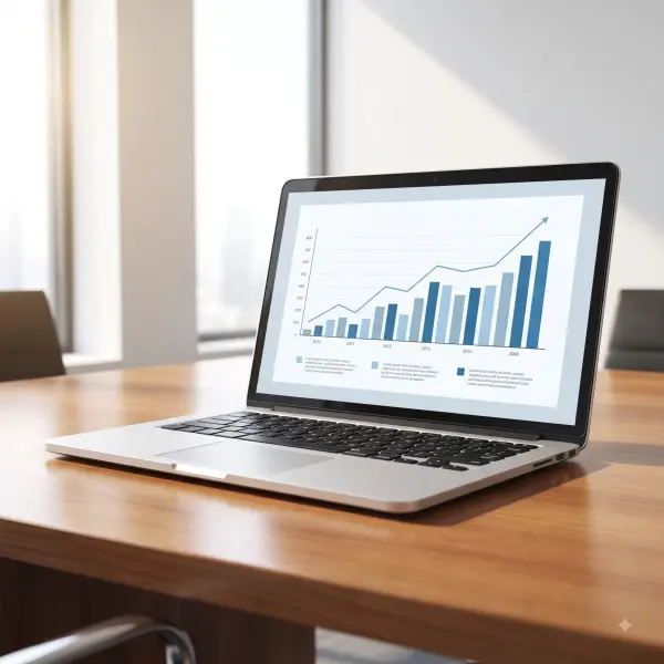 Open laptop displaying a blue bar graph and line chart for business analytics on a wooden meeting table.