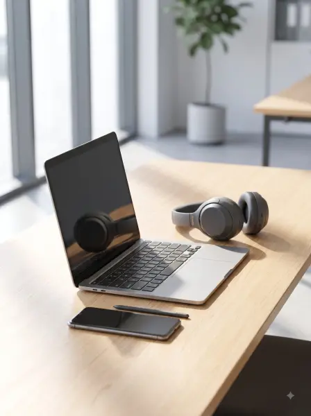 Open laptop, wireless headphones, smartphone, and stylus pen on a light wooden desk.