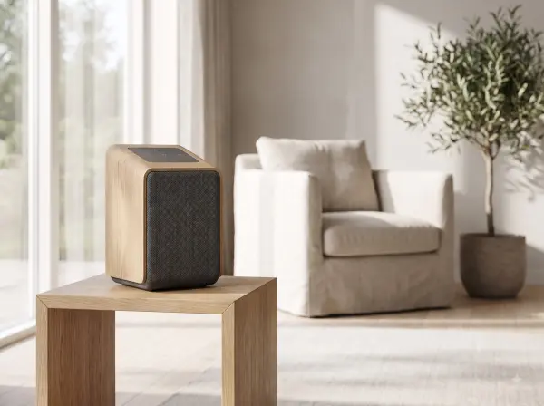 Modern wooden smart speaker sitting on a side table in a bright, cozy living room.