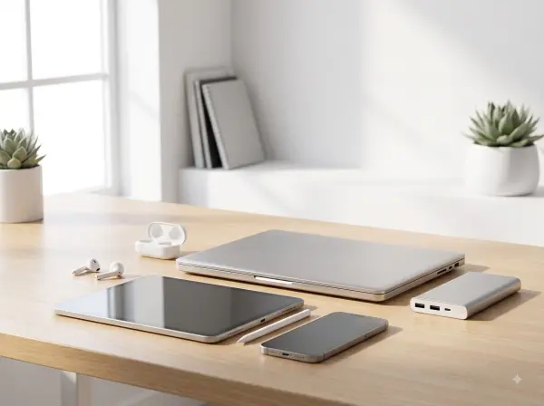 Neatly arranged closed laptop, tablet, smartphone, power bank, and earbuds on a light wooden desk.
