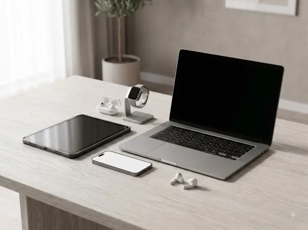 Open laptop, tablet, smartphone, smartwatch on stand, and earbuds arranged on a grey wooden desk.