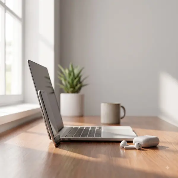 Side view of an open silver laptop next to white wireless earbuds on a sunny wooden desk.