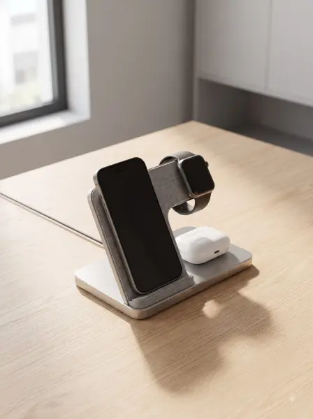 Smartphone, smartwatch, and wireless earbuds case on a silver wireless charging stand on a wooden desk.