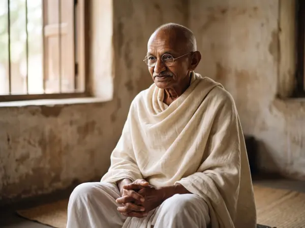 A close-up portrait of Mahatma Gandhi sitting thoughtfully, wearing his iconic round glasses and a white draped cloth, softly lit by a nearby window.