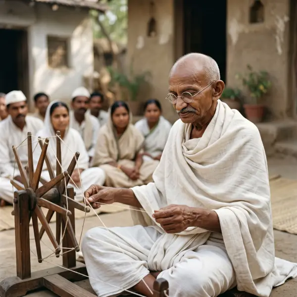 Mahatma Gandhi sitting cross-legged on the ground outdoors, wearing round glasses and white khadi cloth, spinning cotton on a wooden charkha while a group of villagers watches from the background.