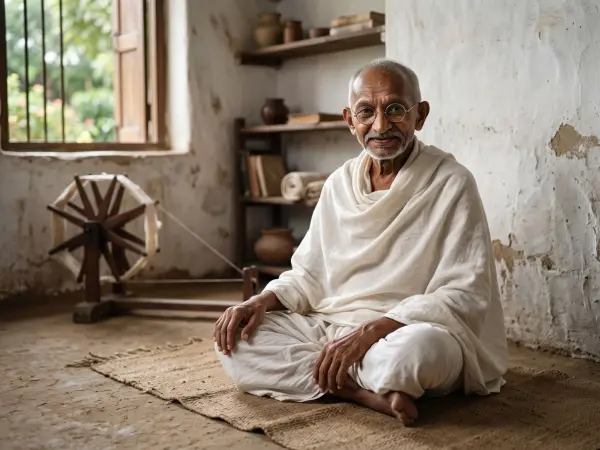 A colorized-style portrait of Mahatma Gandhi sitting cross-legged on a mat in a simple, rustic room, wearing white cloth with a wooden spinning wheel behind him.