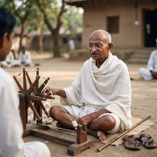 Mahatma Gandhi seated on a mat in a dusty village courtyard, wearing his iconic white cloth and glasses, speaking to a person whose back is to the camera, with a wooden charkha resting in front of him.