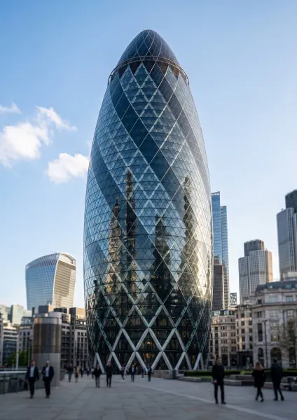 A low-angle view of the iconic Gherkin building (30 St Mary Axe) in London. Its unique, curved glass facade reflects the sunlight and nearby buildings. Several pedestrians are walking across the paved plaza at its base under a bright blue sky.