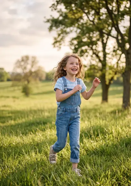 A young girl wearing denim overalls and a striped shirt running towards the camera and laughing brightly in a lush green park or meadow.