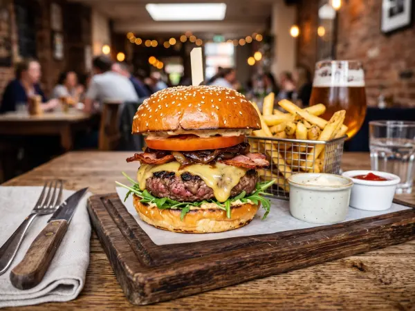 A close-up of a large, appetizing gourmet bacon cheeseburger on a rustic wooden serving board, accompanied by a wire basket of french fries, dipping sauces, and a glass of draft beer, with blurred pub patrons in the background.