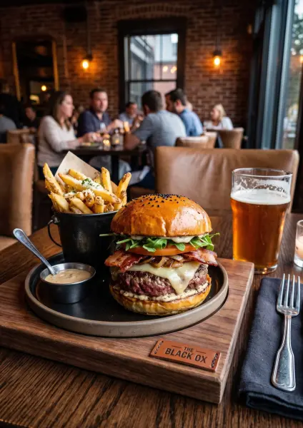 A close-up of a large, appetizing gourmet bacon cheeseburger on a wooden serving board, accompanied by a metal bucket of french fries, dipping sauce, and a glass of draft beer, with blurred restaurant patrons in the background.