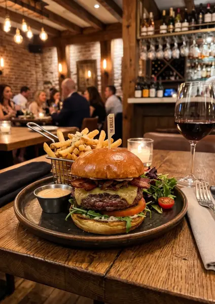A close-up of an appetizing gourmet bacon cheeseburger on a dark plate, alongside a wire basket of french fries, a dipping sauce, and a glass of red wine, sitting on a rustic wooden table in a dimly lit, busy restaurant.