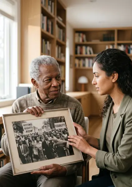 An older Black man sits in a chair in a room with a large wooden bookshelf. He is holding a framed black-and-white photograph depicting a civil rights march with signs reading 'VOTING RIGHTS NOW' and 'EQUALITY'. He is pointing at the p
