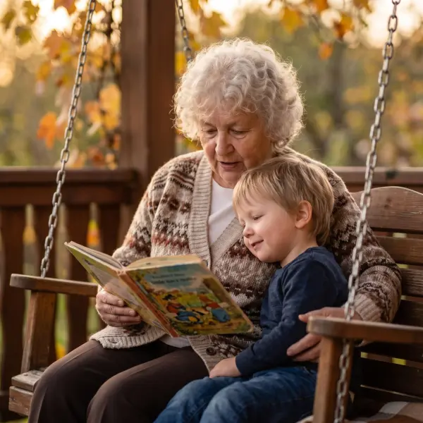 A loving grandmother with white curly hair sitting on a wooden porch swing, holding a children's book and reading to her smiling young grandson who is sitting closely beside her. The scene is lit by warm autumn sunlight.