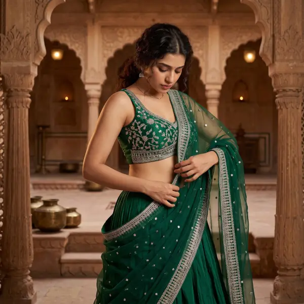 A beautiful Indian woman with dark curly hair looking down gracefully as she adjusts her elegant, dark green lehenga. The dress features intricate silver embroidery. She is standing in a historic stone courtyard with carved pillars and lit diyas.