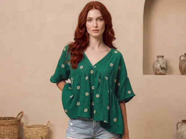 A portrait of a beautiful woman with long, wavy red hair, wearing a loose-fitting green v-neck top with white embroidered daisies and distressed denim shorts, standing against a textured, neutral-toned wall with rustic decor.