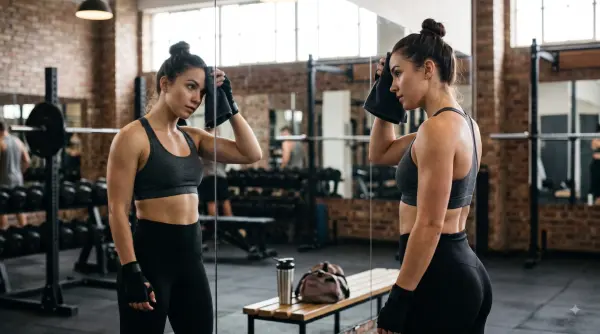 Exhausted woman wiping sweat with a towel in front of a gym mirror.