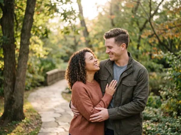 A young woman with curly hair and a young Caucasian man hugging and smiling affectionately at each other, standing on a stone path surrounded by green and yellow autumn trees.