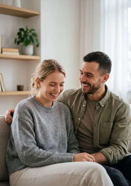 A young blonde woman and a young man with dark hair sitting close together on a beige sofa, both looking down and laughing warmly in a naturally lit living room.