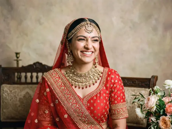 A close-up portrait of a radiant, laughing Indian bride wearing a richly embroidered red lehenga, traditional gold jewelry, and a sheer red dupatta, sitting near a floral arrangement.