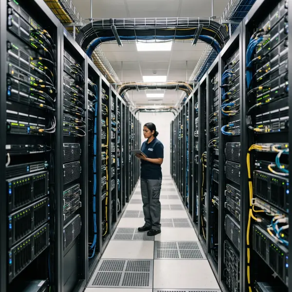 Female technician standing in a data center aisle holding a tablet looking at server racks.