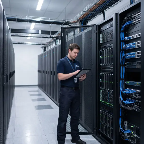 Male IT administrator holding a tablet looking at an open server rack in a data center.