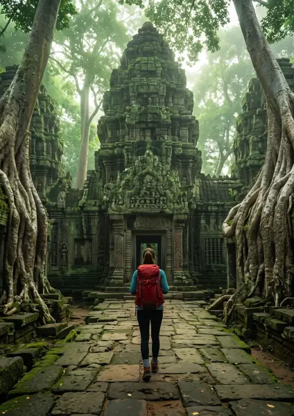 A woman viewed from behind, wearing a red backpack, walking down a paved stone pathway toward an imposing ancient stone temple complex. The temple is heavily overgrown with moss and massive, twisting tree roots in a misty jungle setting.