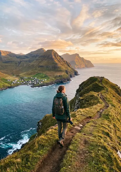A woman viewed from behind, wearing a green jacket and backpack, walking along a narrow dirt path on a steep, grassy cliff edge. In the background is a stunning view of a small village in a bay, rugged mountains, and the ocean under a golden sunset sky.