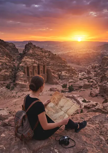 A woman viewed from behind, sitting on a rocky ledge and holding a vintage world map. She is looking out over a vast desert valley toward the ancient, rock-carved Monastery of Petra, Jordan, bathed in the light of a brilliant golden sunset.