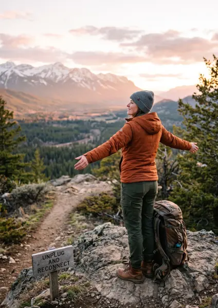 A woman wearing a beanie and jacket stands on a rocky outcrop with her arms outstretched, enjoying a beautiful mountain sunset view. A small wooden sign nearby reads 'UNPLUG AND RECONNECT'.