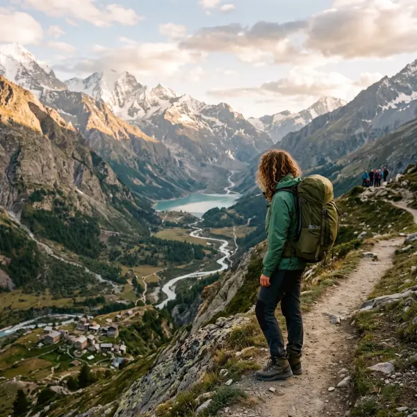 A woman viewed from behind, wearing a green jacket and a large green backpack, stands on a narrow, rocky mountain trail. She is looking down into a vast, lush valley featuring a winding river, a bright turquoise lake, and a small village, surrounded by to
