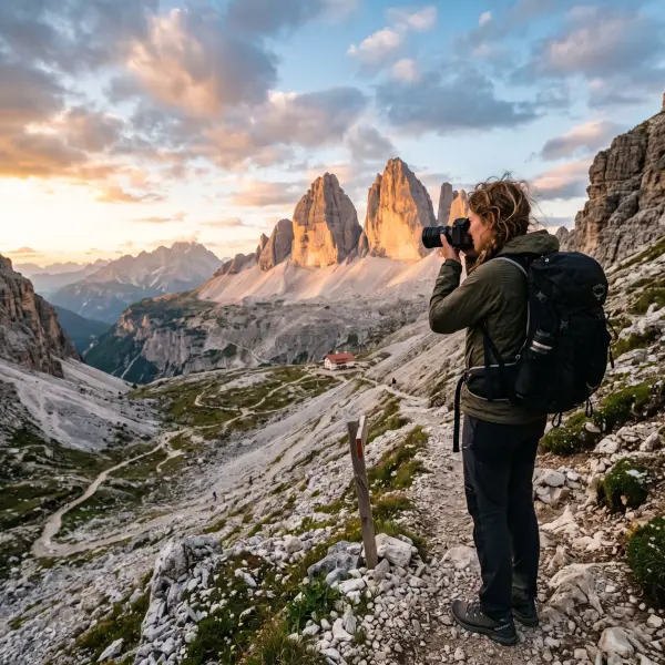 A woman viewed from behind, wearing a green jacket and a large black backpack, stands on a rocky alpine trail holding a DSLR camera to her eye. She is photographing the three massive, iconic peaks of Tre Cime di Lavaredo in the Italian Dolomites, which ar
