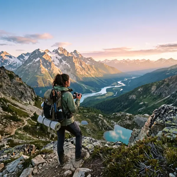 A woman viewed from behind, carrying a large hiking backpack with a sleeping pad, stands on a rocky cliff holding a DSLR camera. She is photographing a vast, stunning valley with a winding turquoise river, surrounded by majestic, snow-capped mountains bat