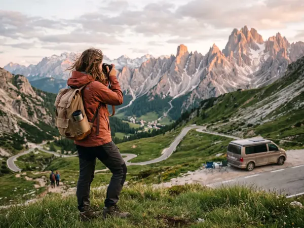 A woman wearing an orange jacket and a canvas backpack stands on a grassy hillside, looking through the viewfinder of a camera. She is photographing a dramatic, jagged mountain range (the Dolomites). A winding road and a parked campervan are visible in th