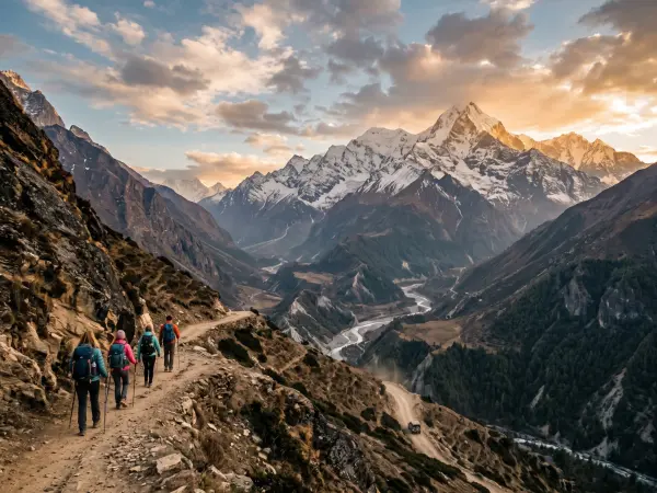 A group of four hikers with backpacks walking away from the camera on a narrow dirt trail carved into a steep mountainside. Below them is a deep valley with a winding river, and ahead are massive, snow-covered mountain peaks illuminated by a golden sunset