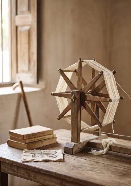 A rustic wooden table holding a traditional wooden charkha spinning wheel, a stack of vintage books including 'The Story of My Experiments with Truth', and round wire-rimmed glasses on a piece of khadi cloth.