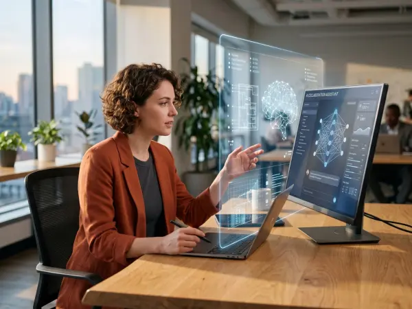 A young businesswoman sits at her wooden desk in a modern office, using a stylus to interact with a complex, glowing blue holographic AI interface projecting into the air between her laptop and monitor.