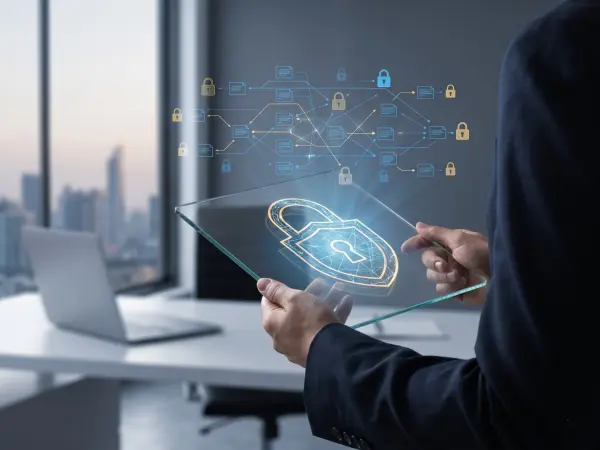 A businessman in a dark suit stands in a modern office, holding a transparent glass tablet. The tablet projects a glowing blue and gold holographic image of a padlock, connected to a complex digital network of data nodes. A city skyline is visible through
