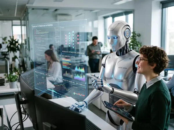 A smiling businesswoman holding a tablet stands next to a sleek humanoid robot in a modern office. They are both looking at and interacting with a large, glowing transparent holographic display showing complex AI neural networks and data charts.