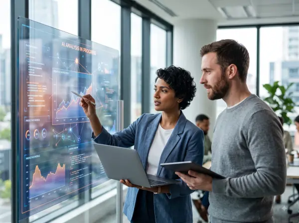 Business professionals analyzing data models on a transparent interactive glass screen in an office.