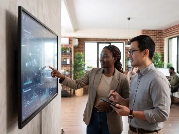 Diverse colleagues pointing at a large interactive touch screen displaying data analytics in a modern office.