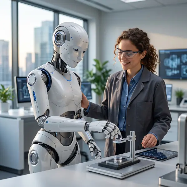 A female engineer wearing safety glasses and a grey lab coat smiling as she guides the hand of a sleek white humanoid robot working with a small piece of testing equipment on a lab bench.