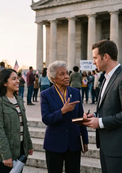 A man in a suit holding a notepad and pen listens intently as an older woman speaks to him at an outdoor public gathering. Another young woman smiles nearby, and a crowd with flags and signs is visible in the background near a large building.
