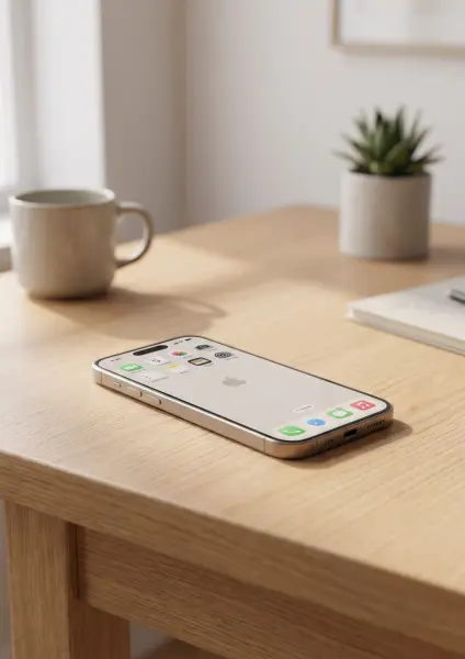 A close-up, low-angle shot of a modern Apple iPhone lying flat on a light wooden desk. The screen is illuminated, displaying the iOS home screen with various colorful app icons. In the soft, blurred background, a window, a coffee mug, and a small potted p