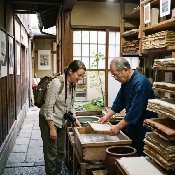 A smiling young female tourist wearing a backpack and holding a camera watches intently as an older Japanese artisan in traditional blue clothing demonstrates how to make washi paper using a wooden frame and a vat of water inside a rustic wooden workshop.